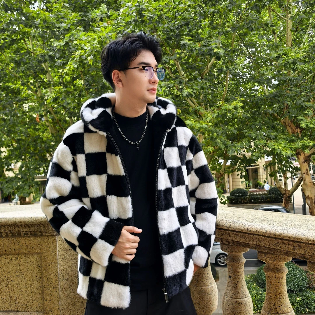 罗漫迪棋盘格时尚男装黑白水貂皮草潮流休闲保暖冬季