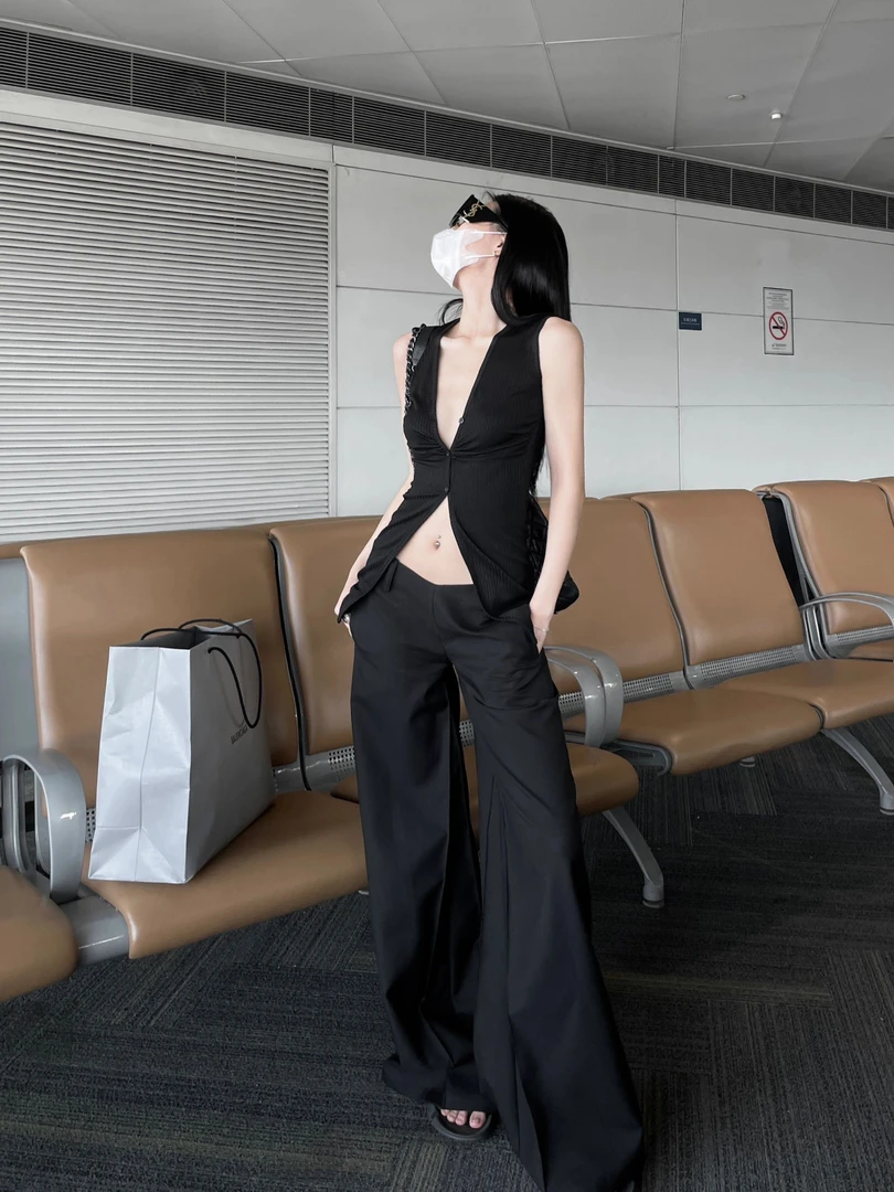 御姐气质显瘦无袖开衫背心上衣女2025夏季新款低腰宽松拖地阔腿裤