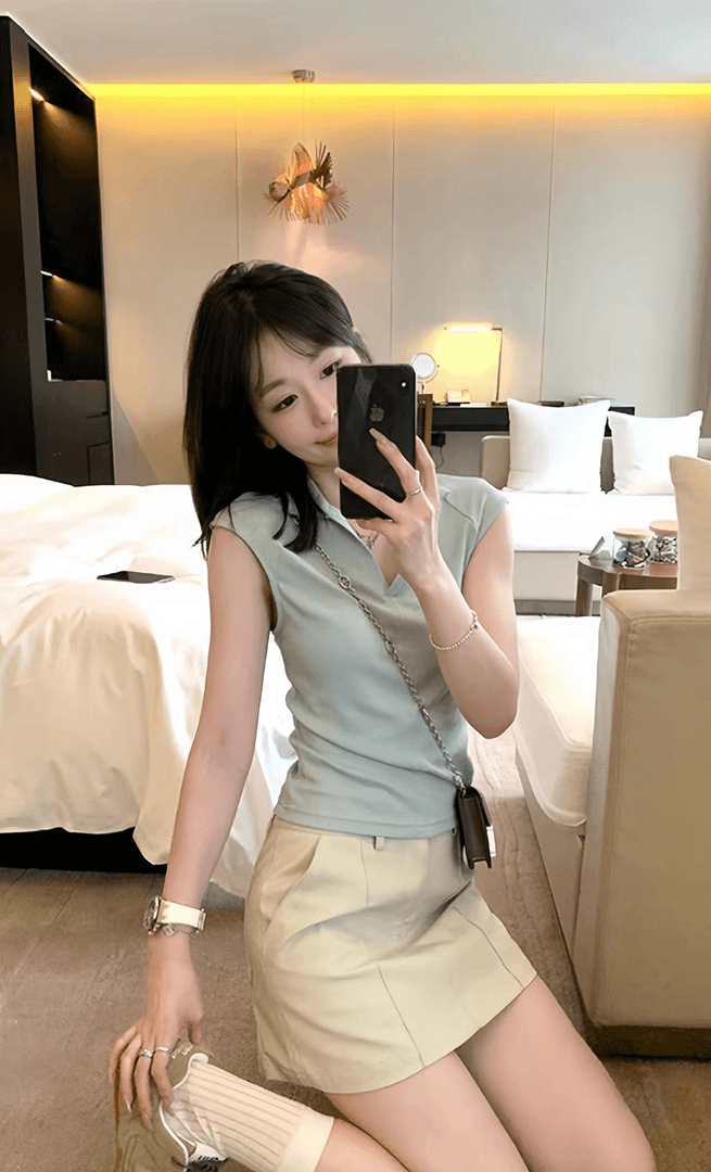 小飞袖polo领T恤2024夏季百搭显瘦绣上衣设计感高腰显瘦A字半身裙