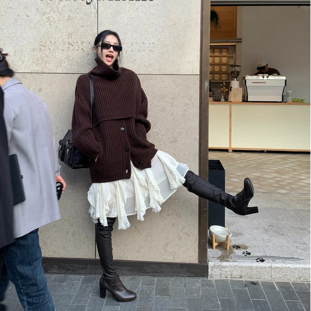 秋季韩版慵懒高腰显瘦包臀拼接蕾丝边杏色蛋糕裙不规则半身短裙女