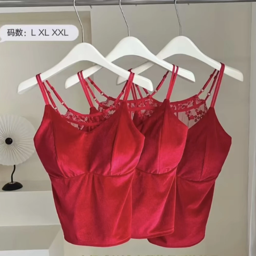 秋冬红色丝绒蕾丝显瘦打底金丝绒夏季背心女士内衣内搭美背吊带