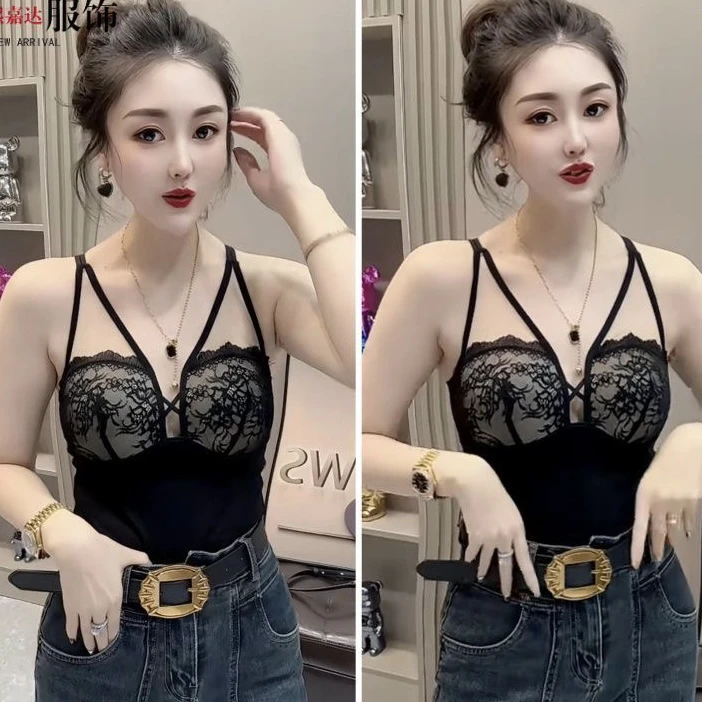 法式轻奢黑透肤美背吊带女背心薄款外穿内衣蕾丝内搭夏季打底2337