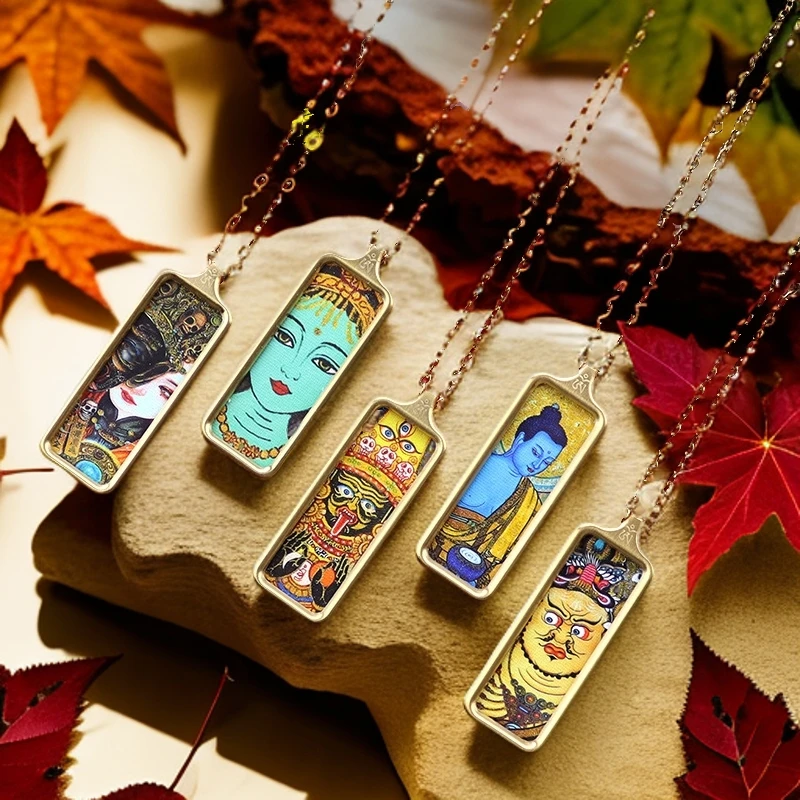 钛钢玻璃吊坠 唐卡手绘钛钢迷你小金条卡项链黄财神本命佛大黑
