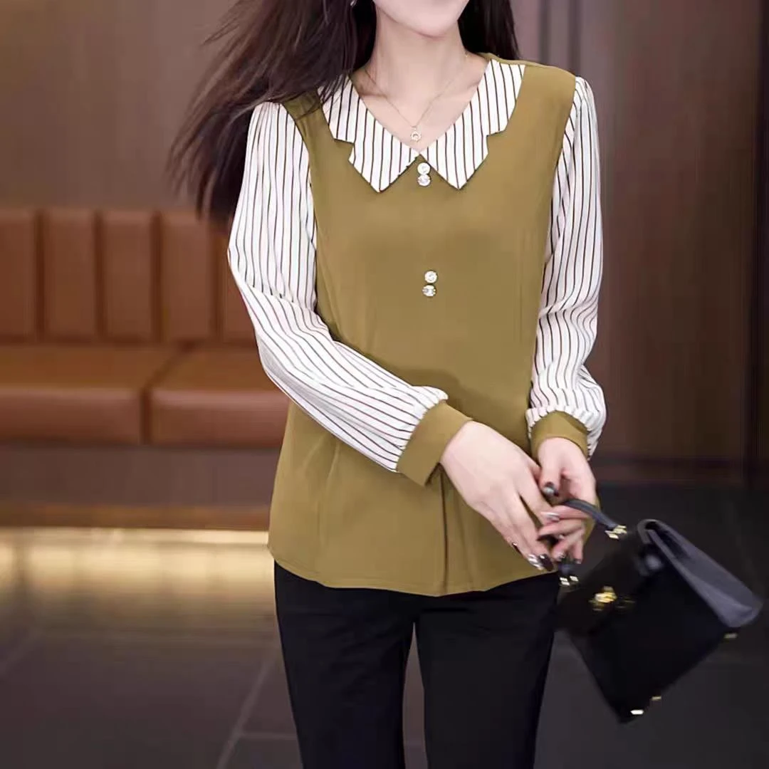 条纹拼接娃娃领洋气长袖上衣2025春季新款时尚遮肚子减龄女士衬衫