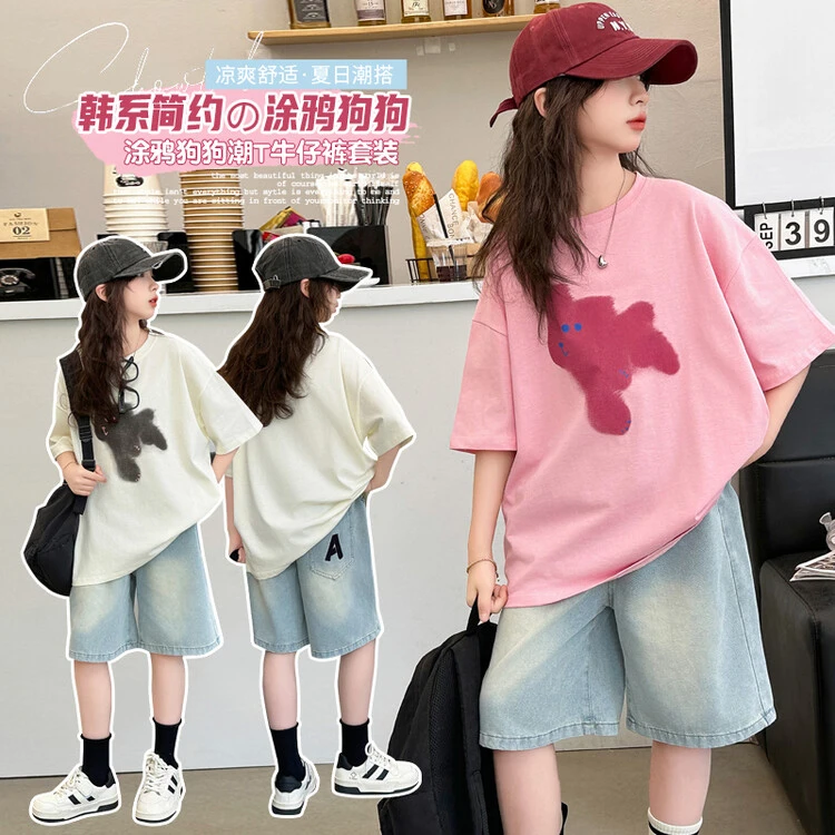 女童卡通印花T恤牛仔中裤套装夏季2024新款中大童字母休闲两件套