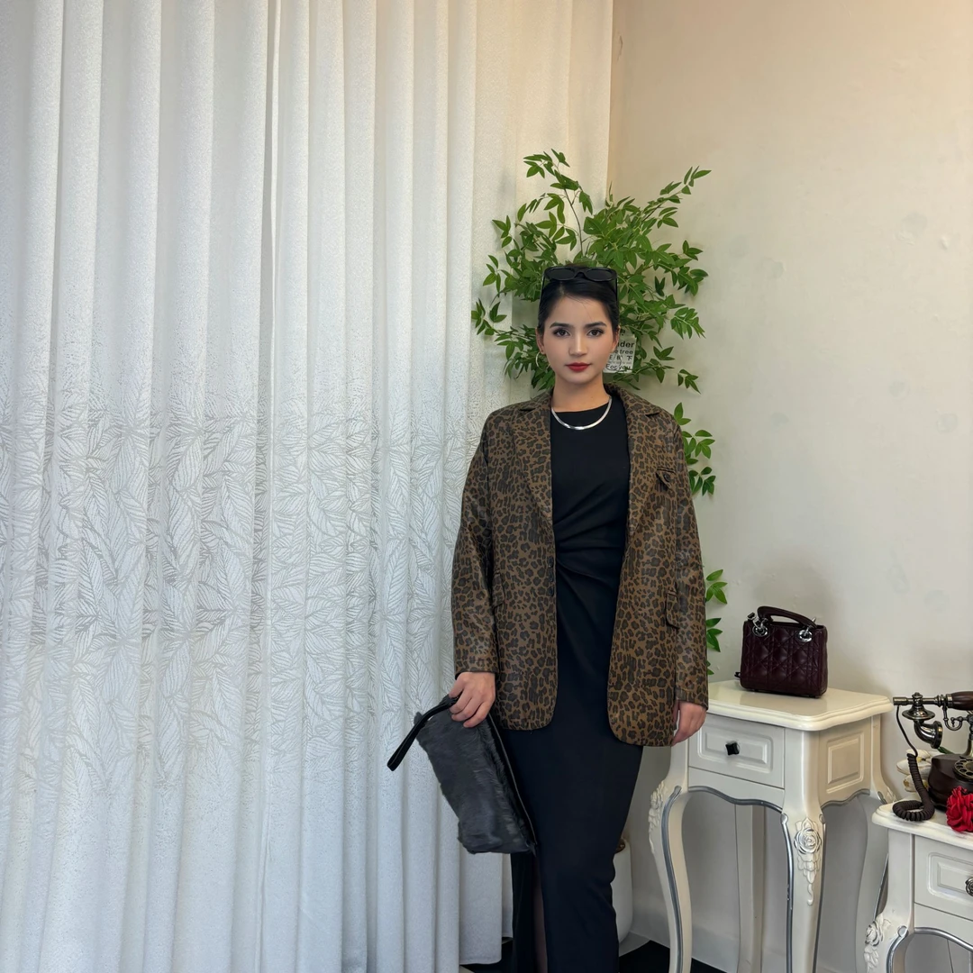 欧美豹纹2024年秋季短板西装PU气质网红时尚休闲百搭西服格子