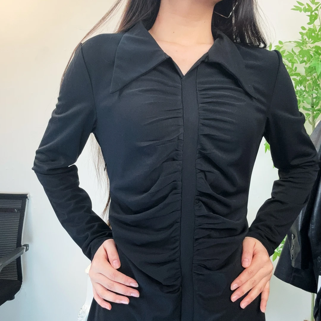 维吾尔族定制小方领黑色连衣裙显瘦长袖时尚休闲打底修身弹力秋季