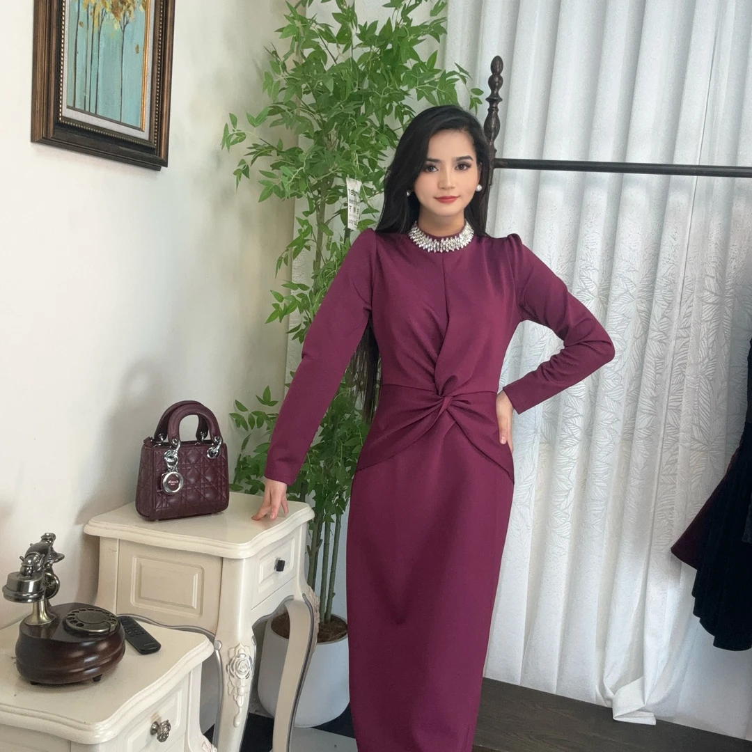 维吾尔族定制紫色秋冬季连衣裙1290