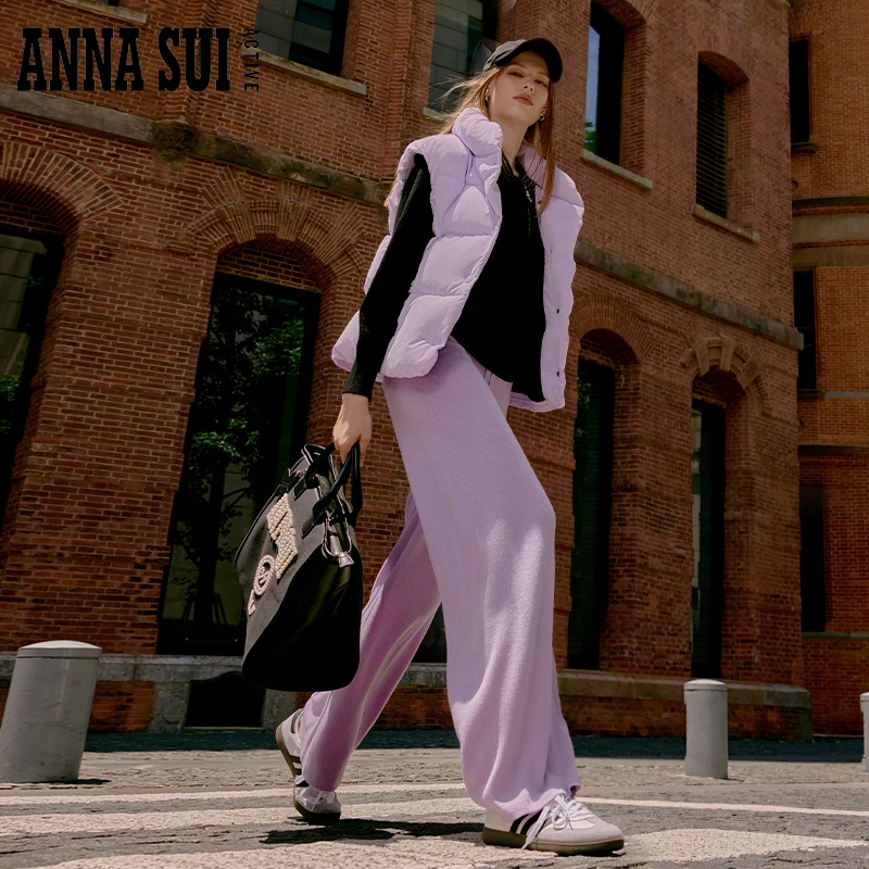 ANNA SUI100%美丽诺羊毛垂感宽松阔腿针织裤慵懒舒适显瘦腰部抽绳