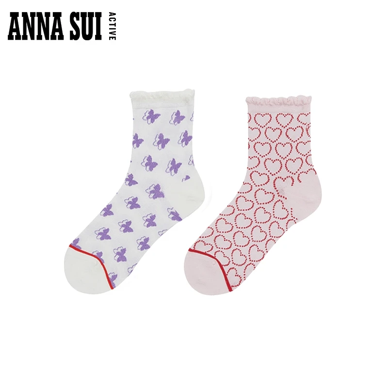 ANNA SUI 撞色运动瑜伽花边中筒袜女（2双装）