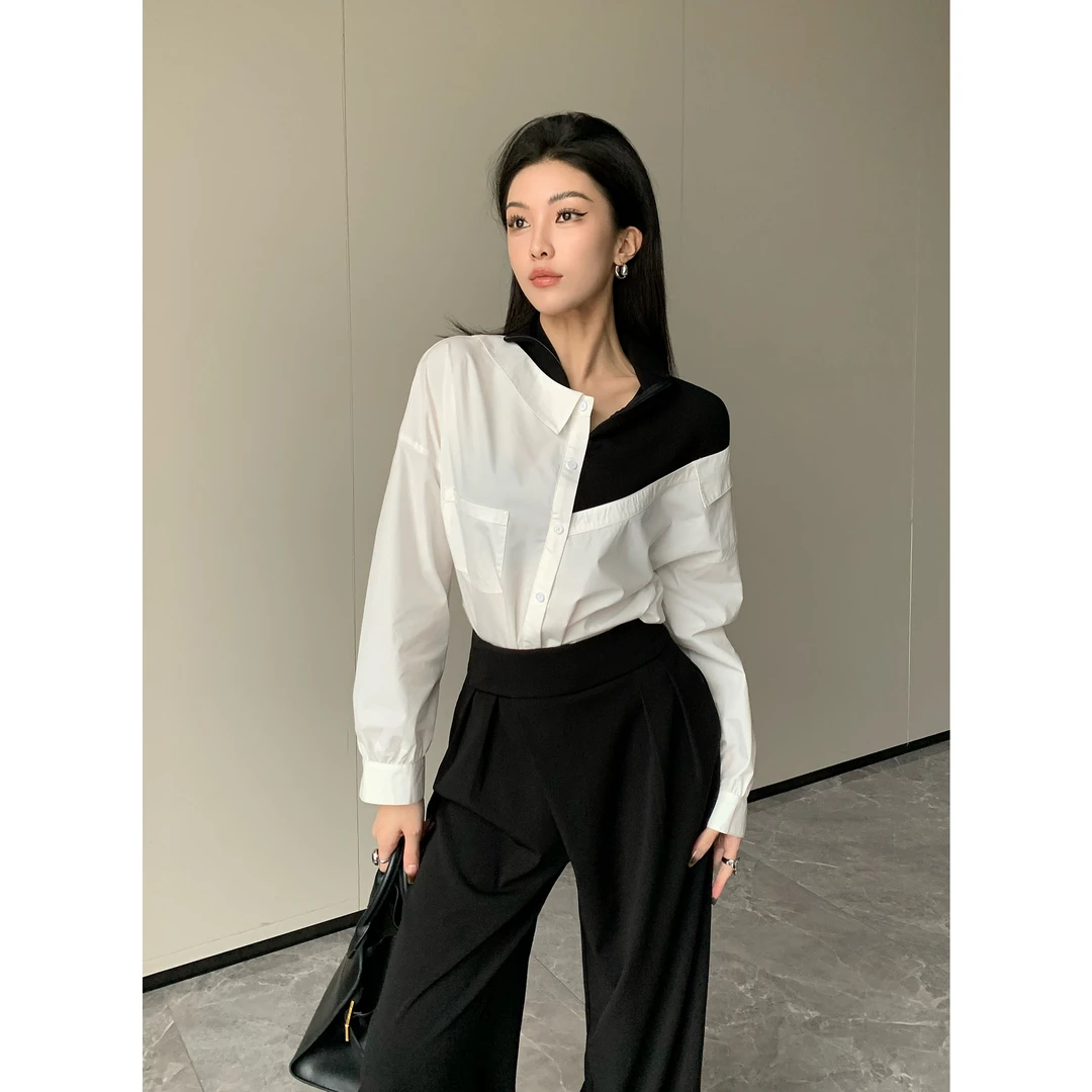 JIJINQI宽松韩版拼接设计感衬衫秋季新款复古长袖衬衣JC08SZPT312