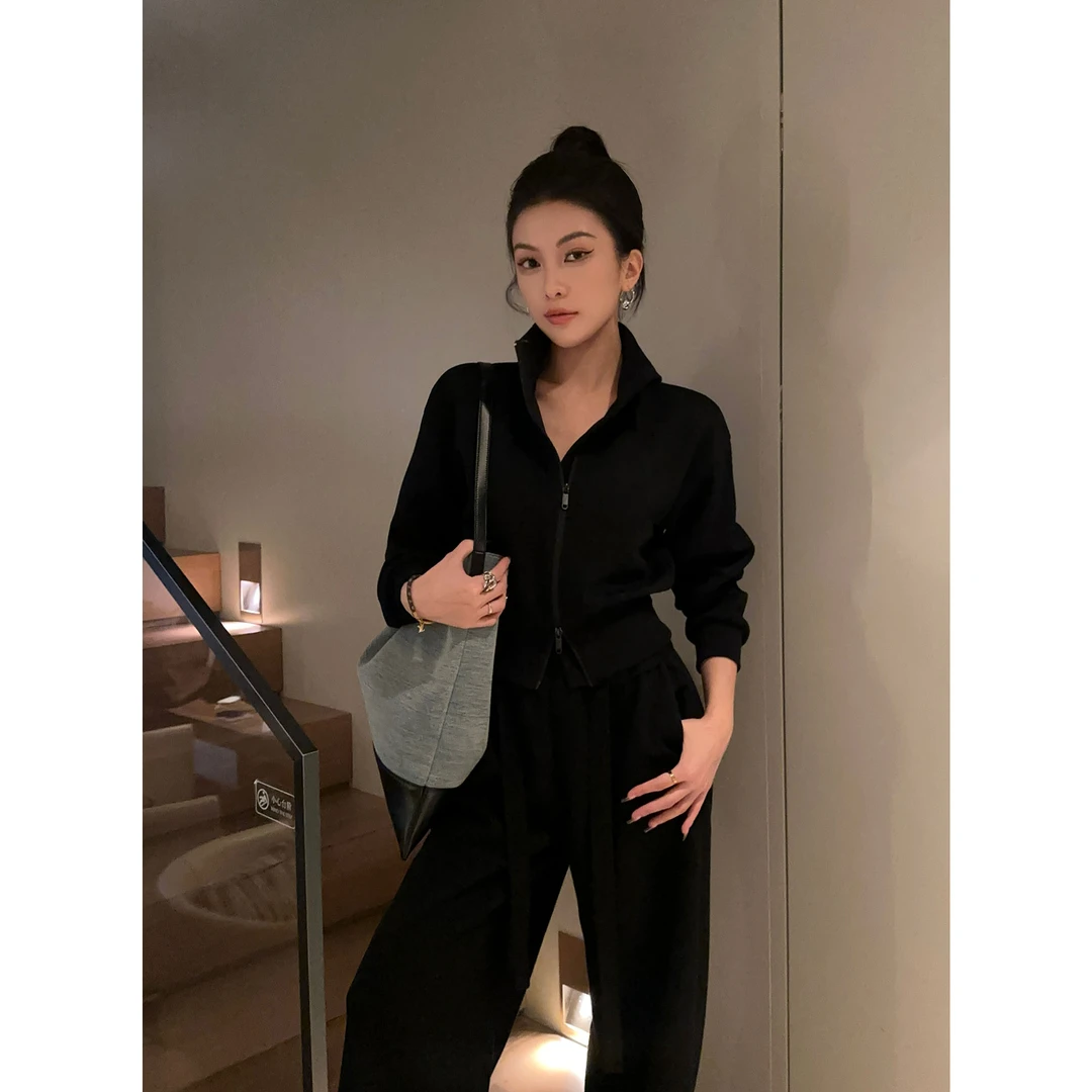 JIJINQI显瘦短款休闲立领上衣秋冬新款修身时尚套装女JC08SZPT374