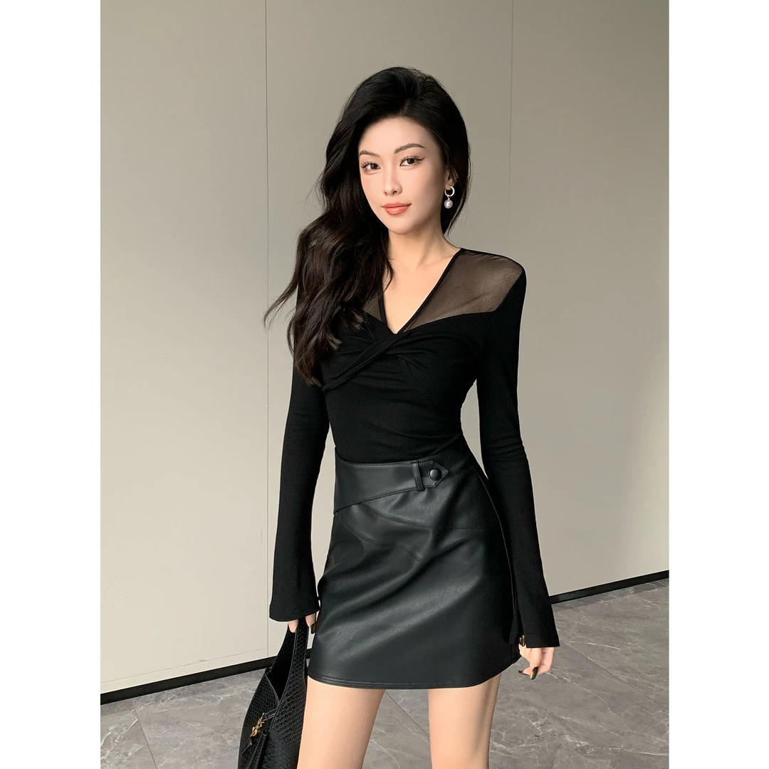 JIJINQI蕾丝显瘦气质长袖上衣秋季新款性感修身上衣 JC08SZPT317