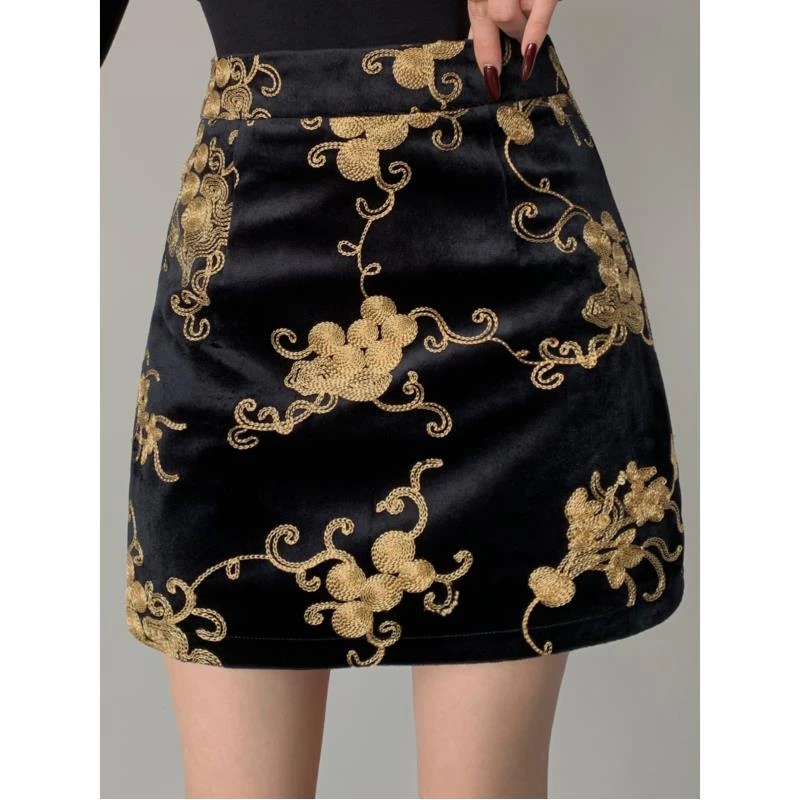 JIJINQI【现货清仓】2024黑色国风旗袍显瘦夏季半身短裙JINQC0123