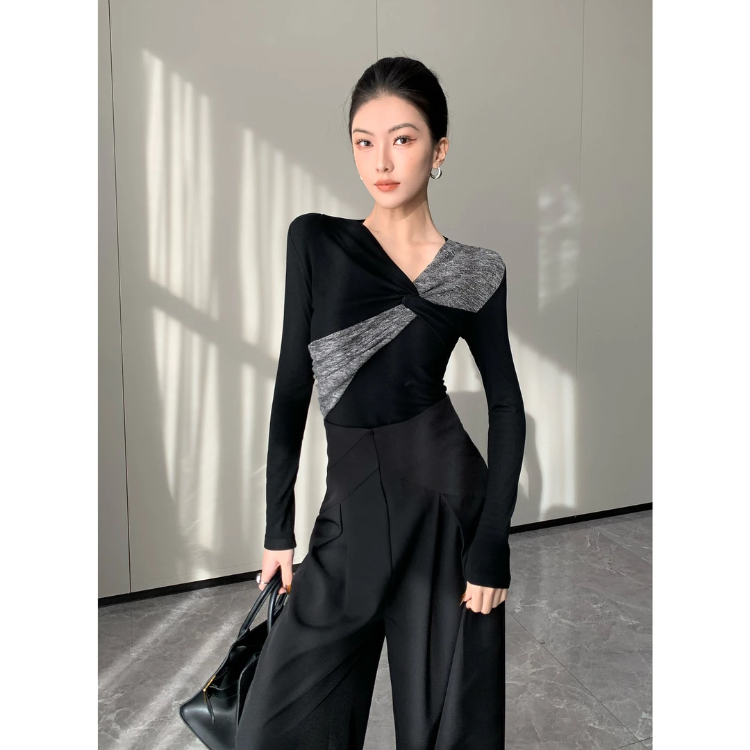 JIJINQI显瘦气质长袖设计感加绒打底上衣拼接修身上衣JC10SZHM004