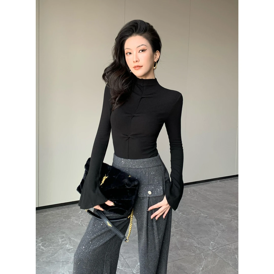 JIJINQI显瘦气质长袖设计感短款百搭半高领打底上衣女JC11SZPT703