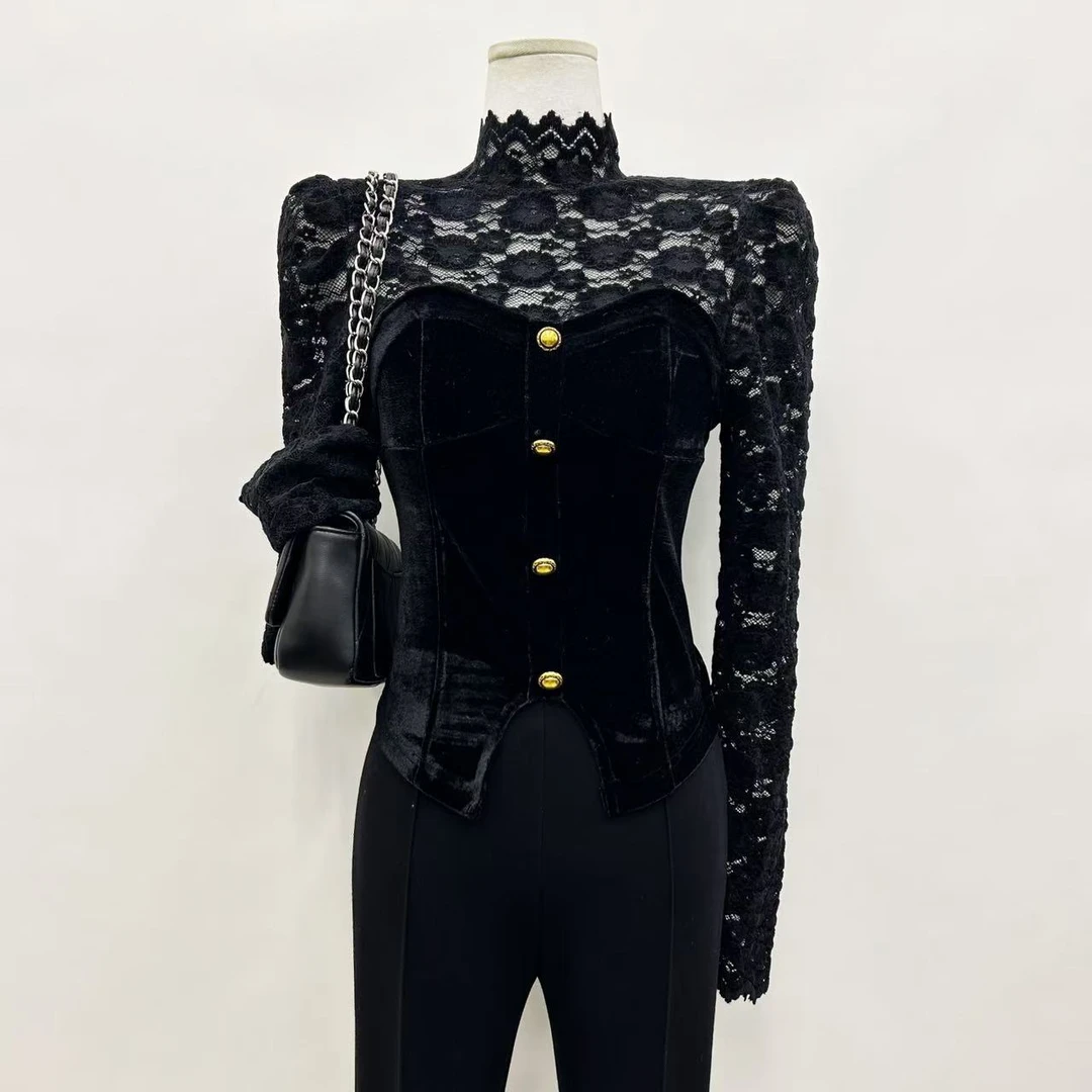 蕾丝植绒加厚外套打底上衣9875487951