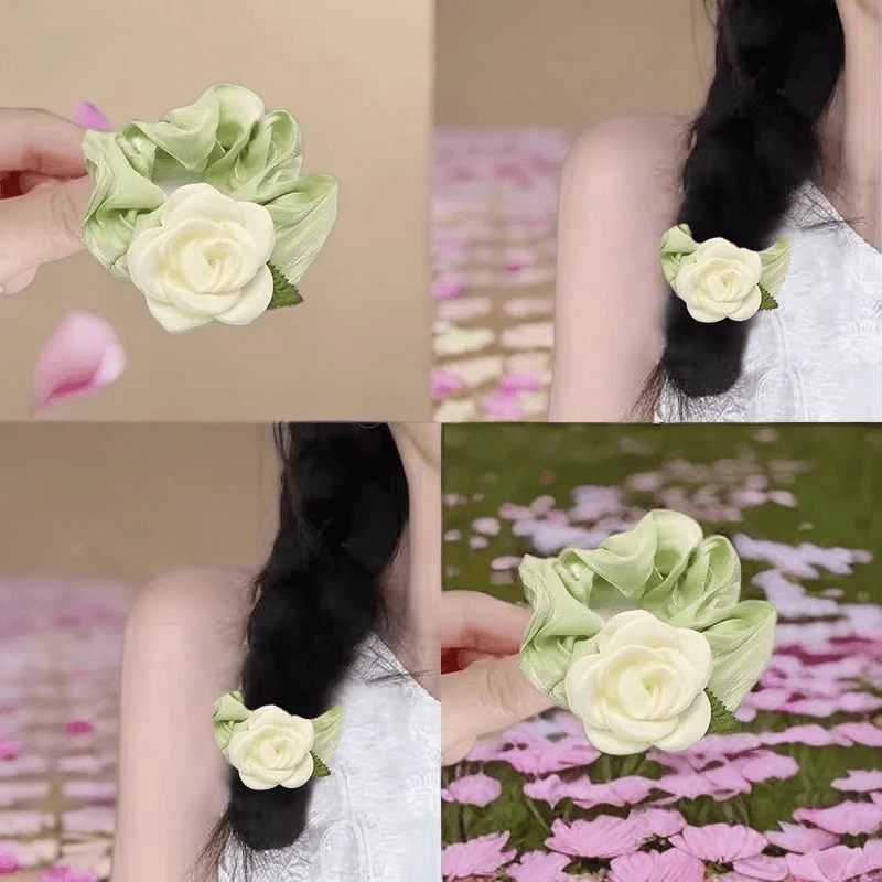 浪漫山茶!白色山茶花大肠发圈!扎马尾丸子头绳甜美皮套头饰女夏