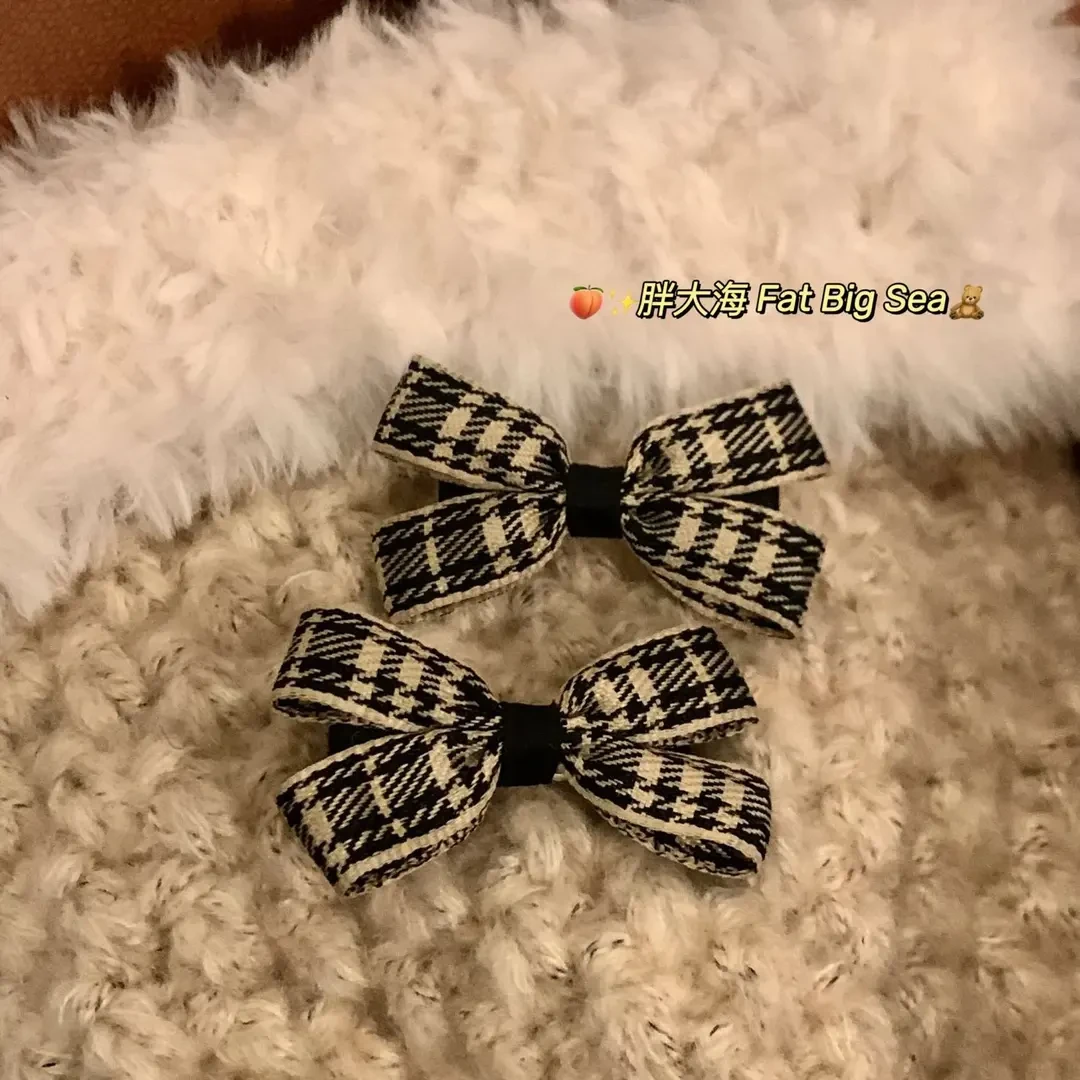 秋冬新款韩式甜美气质黑色拼卡其色格子小蝴蝶结对夹边夹刘海夹