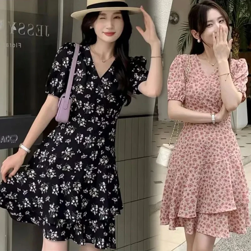 碎花连衣裙女夏季新款气质收腰中长裙小清新减龄百搭显瘦A字裙子