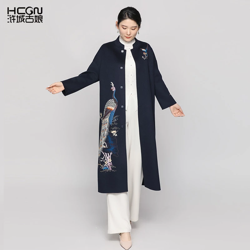 【山羊绒】手工高定绵羊毛重工气质刺绣春秋灵雀双面呢大衣DMT11351