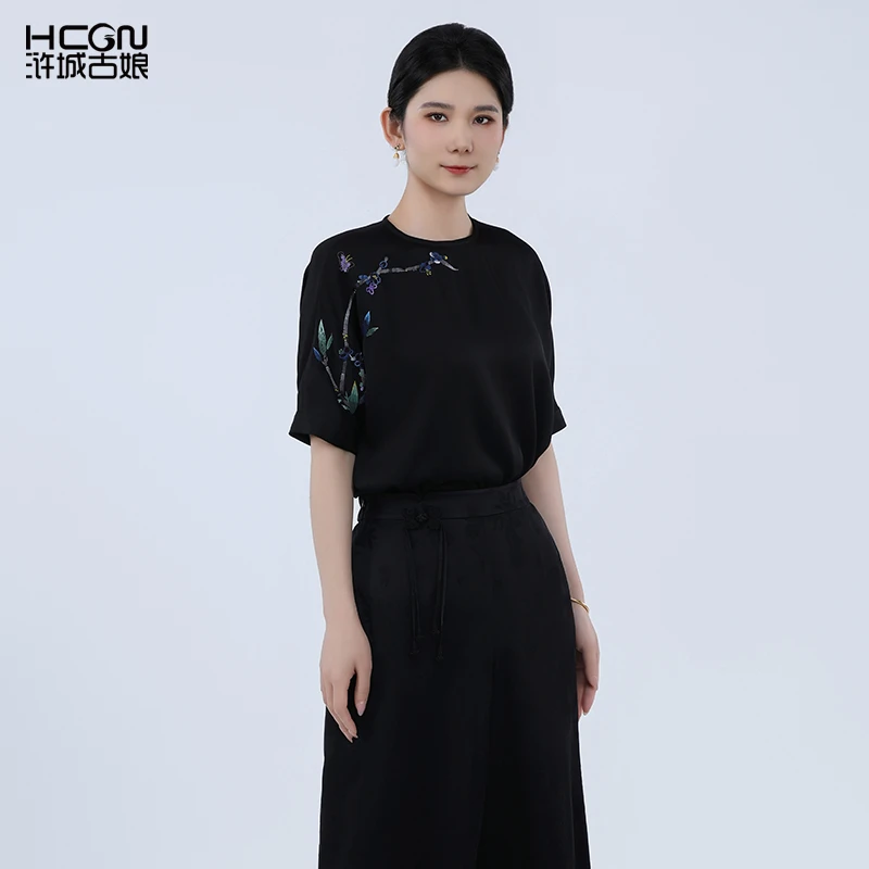 新中式复古国风醋酸暗香上衣衬衫女款外穿圆领短袖t恤女BCL181091