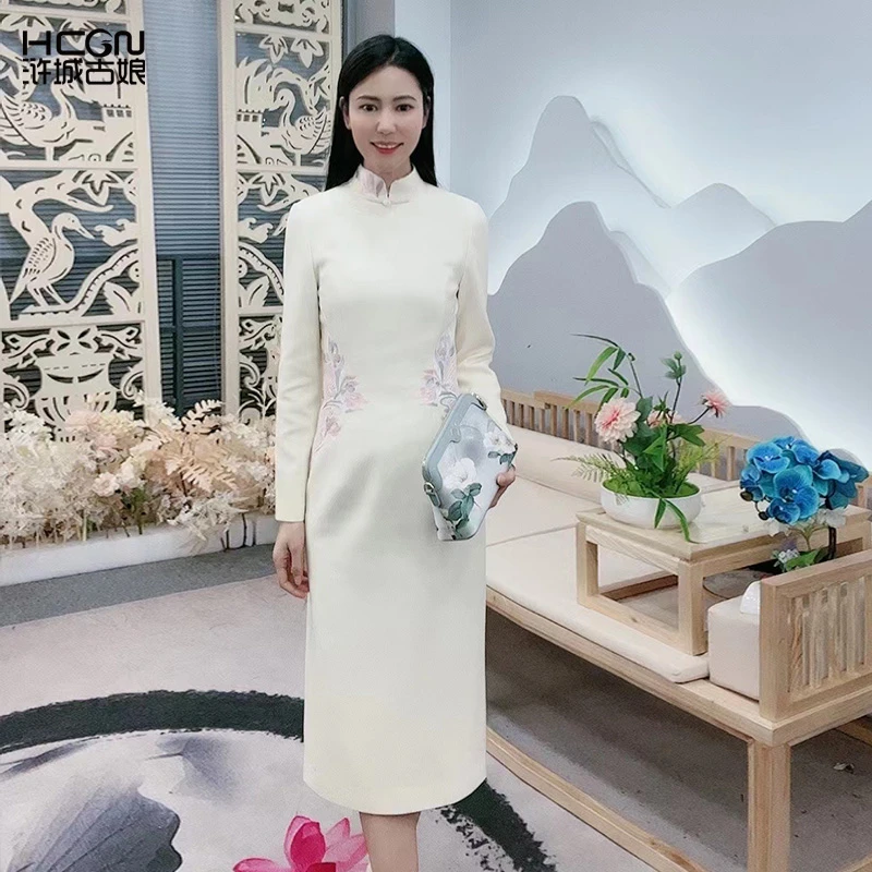 浒城古娘加厚国风气质修身刺绣复古上档次雅昕羊毛旗袍-22D17525