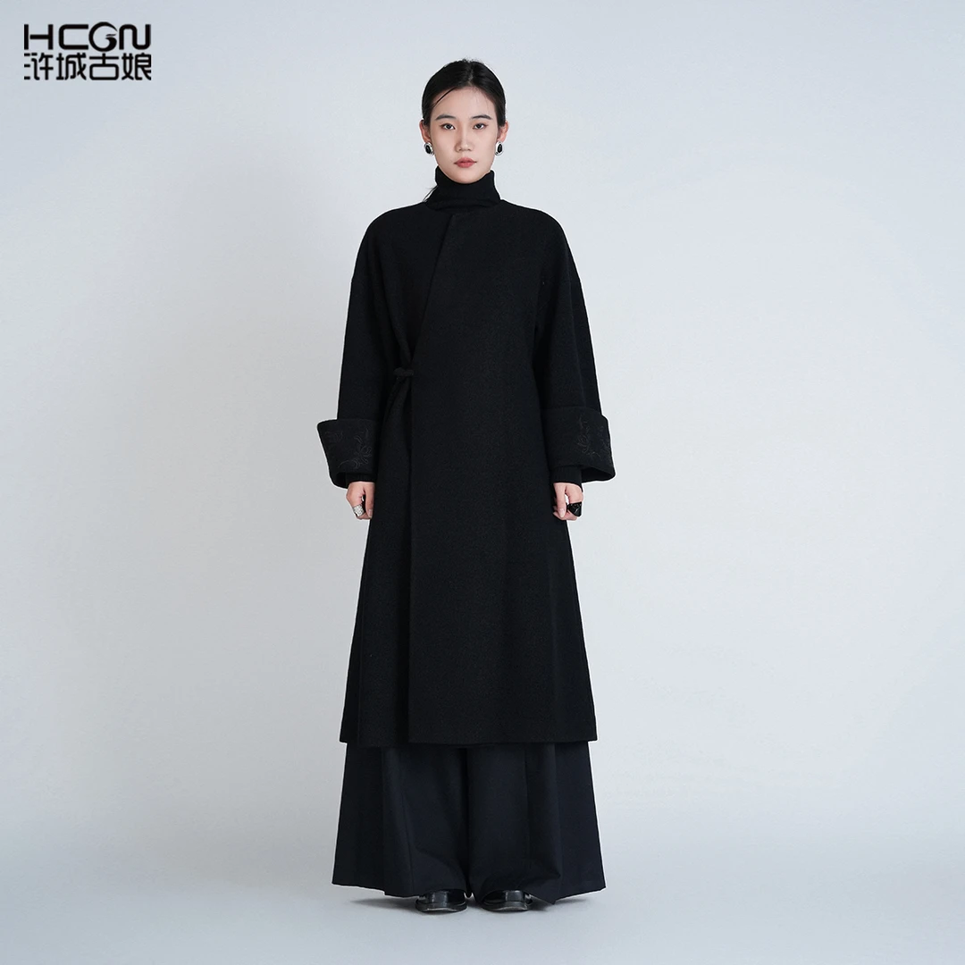 浒城古娘中式绵羊毛新款高定黑色女气质百搭通勤汉风大衣DCL11586