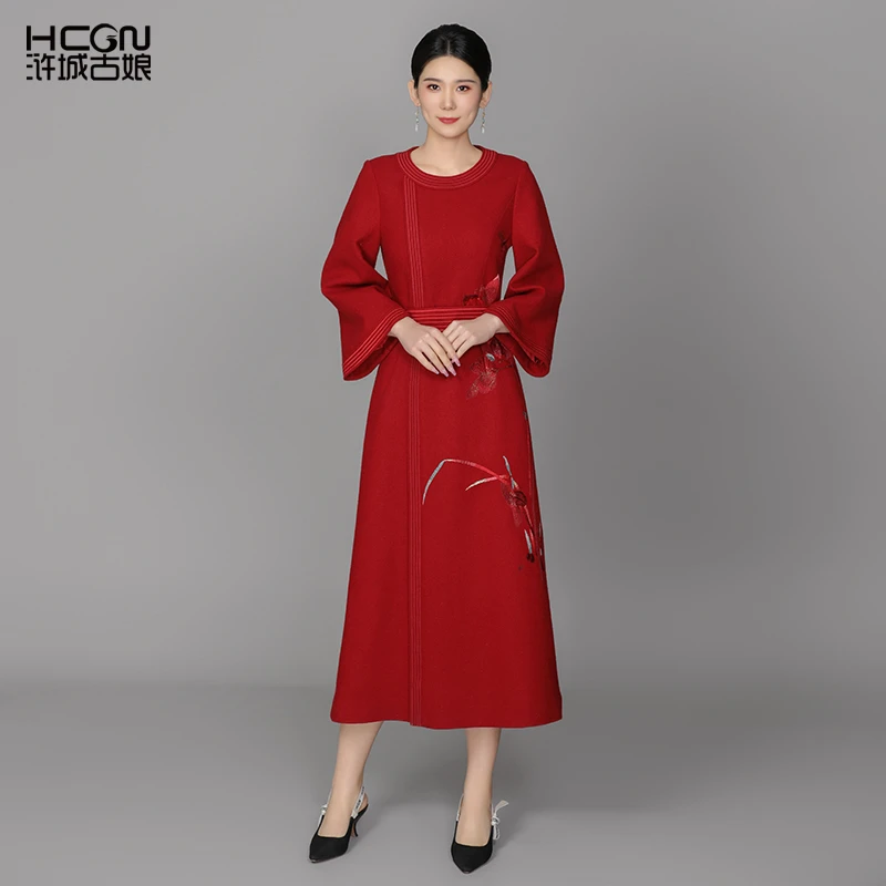 【100绵羊毛】中国风精致刺绣复古气质轻奢贵气映荷连衣裙ACL17866