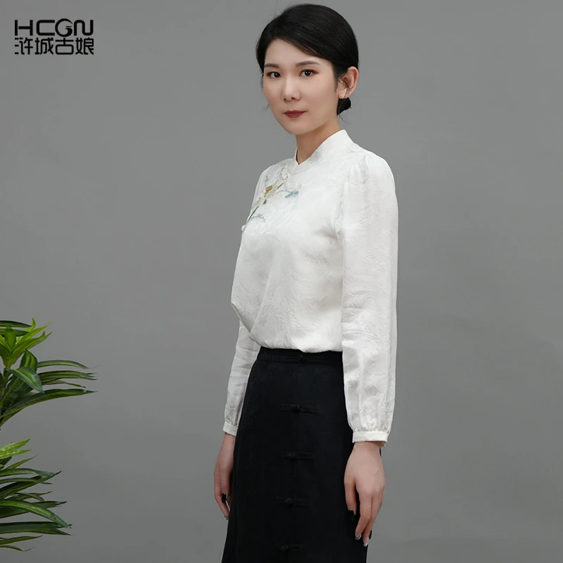 中式精致刺绣印花女士百搭通勤雅致宽松长袖气质玉茗衬衫CMT18837