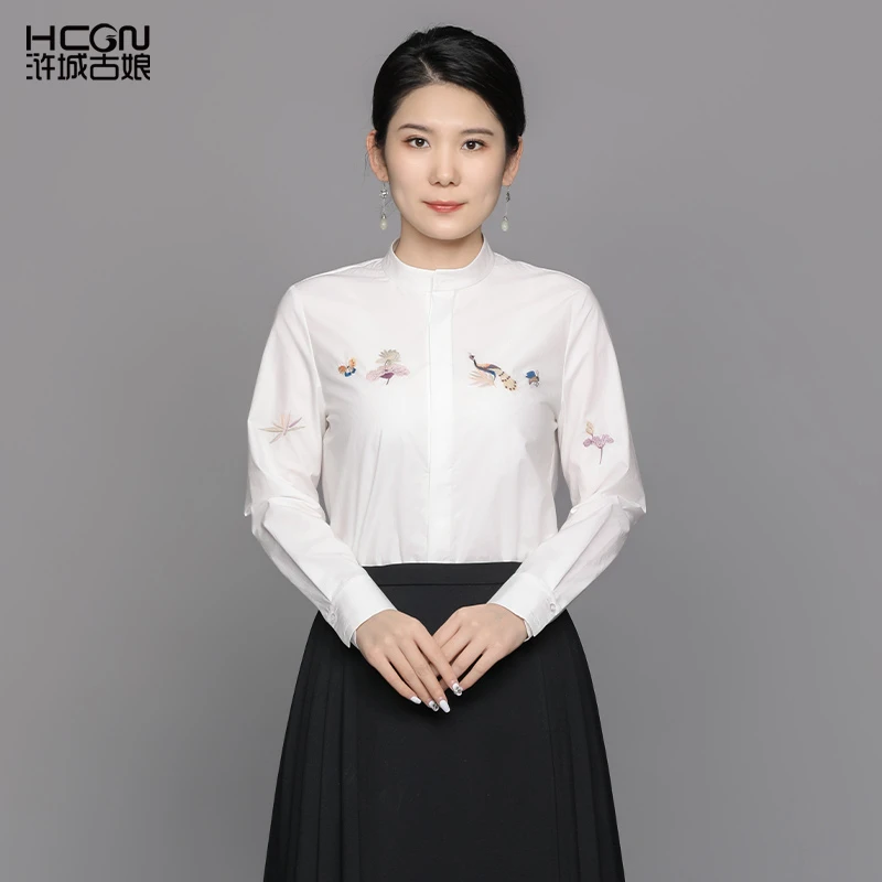 棉质中国风白色气质长袖精致刺绣花秋季职业女士忆溪衬衫CMT18917