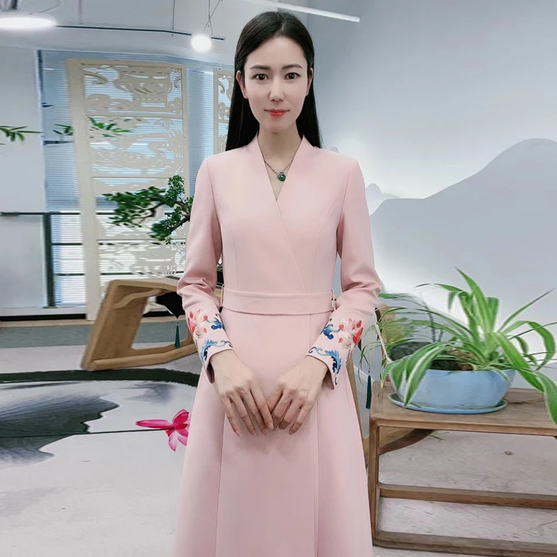 浒城古娘中式中国风刺绣鸿鹄战袍V领春秋气质显瘦女长裙22C11203
