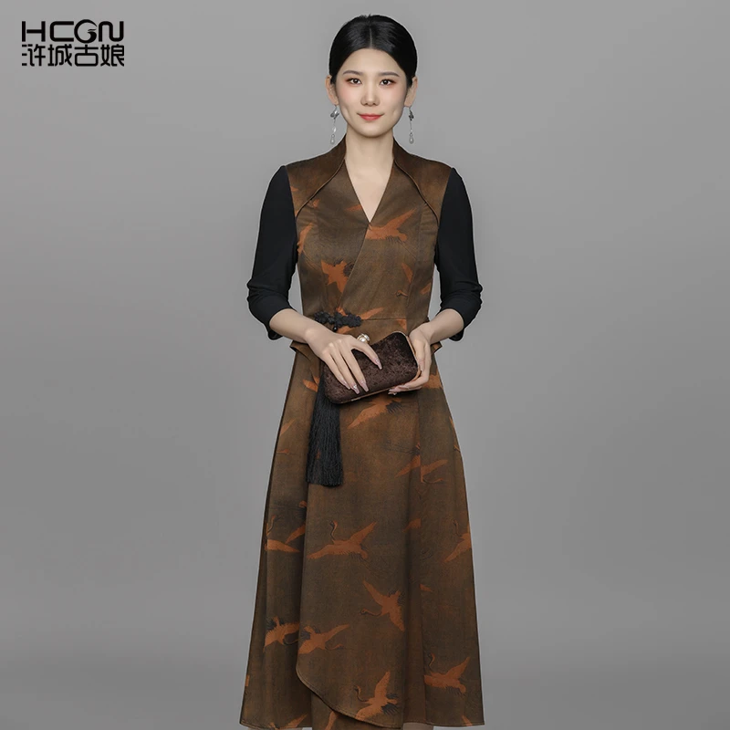 浒城古娘国风中式真丝长裙子桑蚕丝100%悠然香云纱连衣裙22B11163