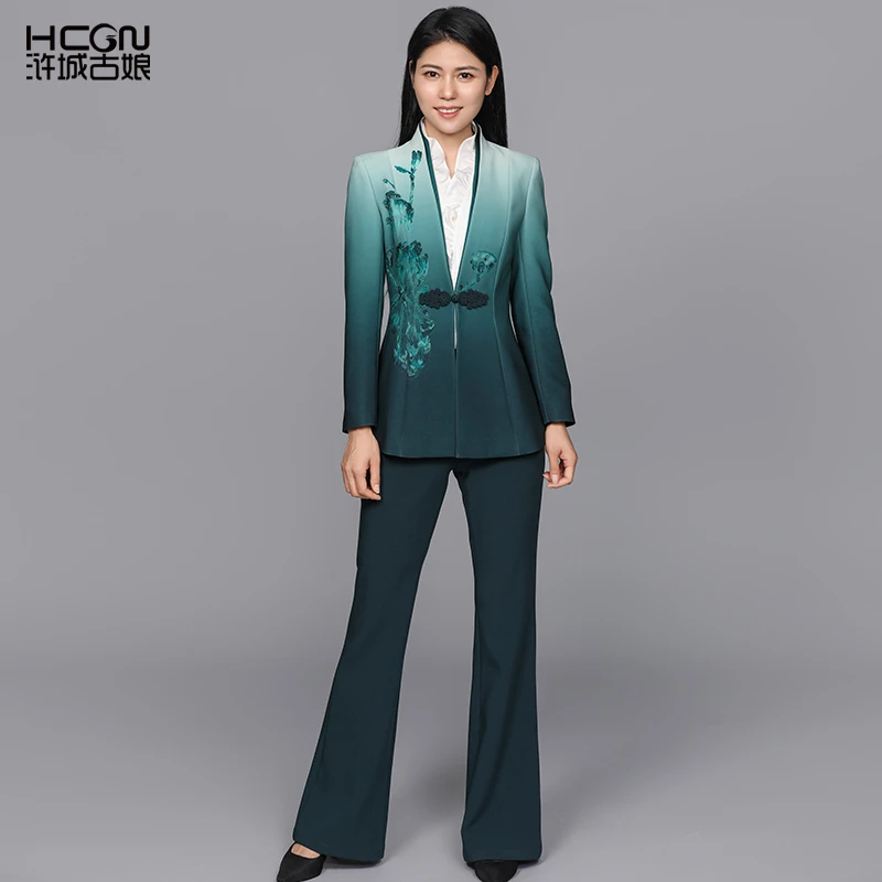 中国风渐变绿色气质高级修身刺绣荷韵西服套装18A23687+19A23525