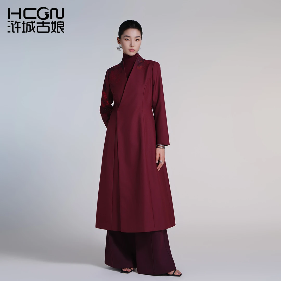 浒城古娘春季国风高档中长款风衣外套女忆莲战袍连衣裙ACL11508