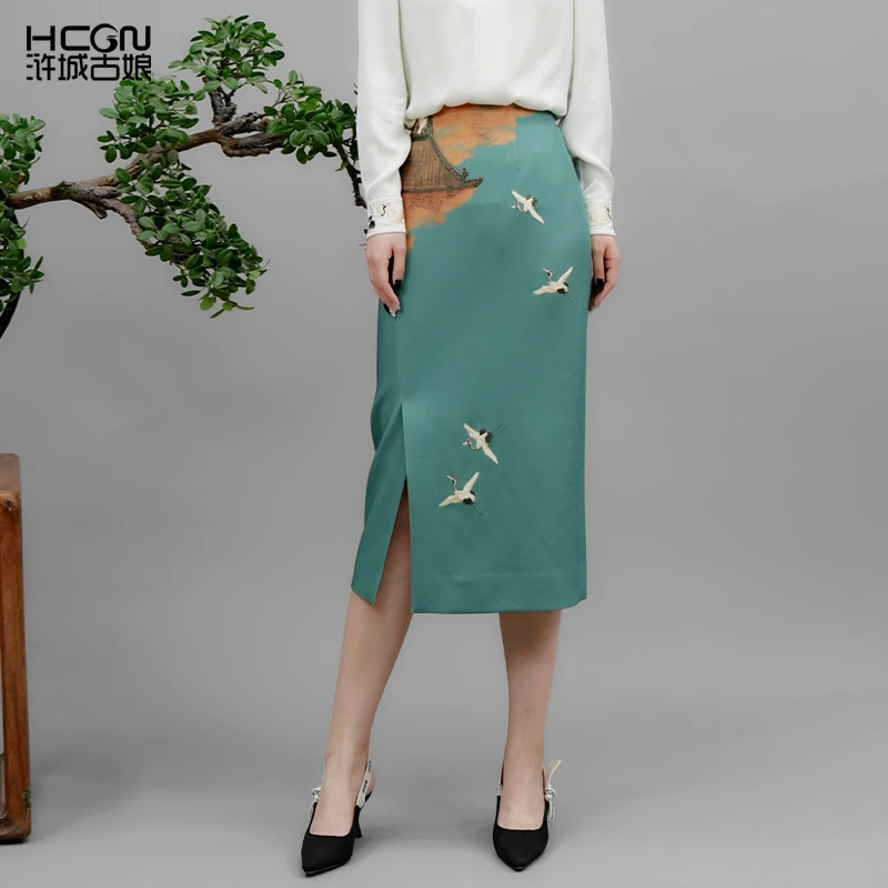 浒城古娘春夏刺绣印花气质显瘦时尚百搭中长款瑞和直筒裙19A23528