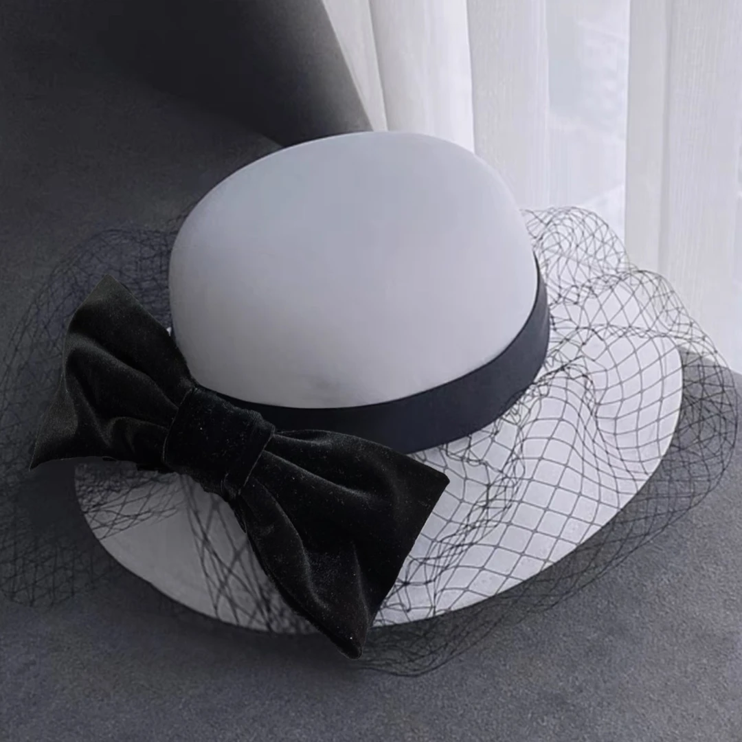 秋冬礼帽黑色网纱蕾丝礼帽简约风宽檐赫本复古优雅名媛帽-WZ9777
