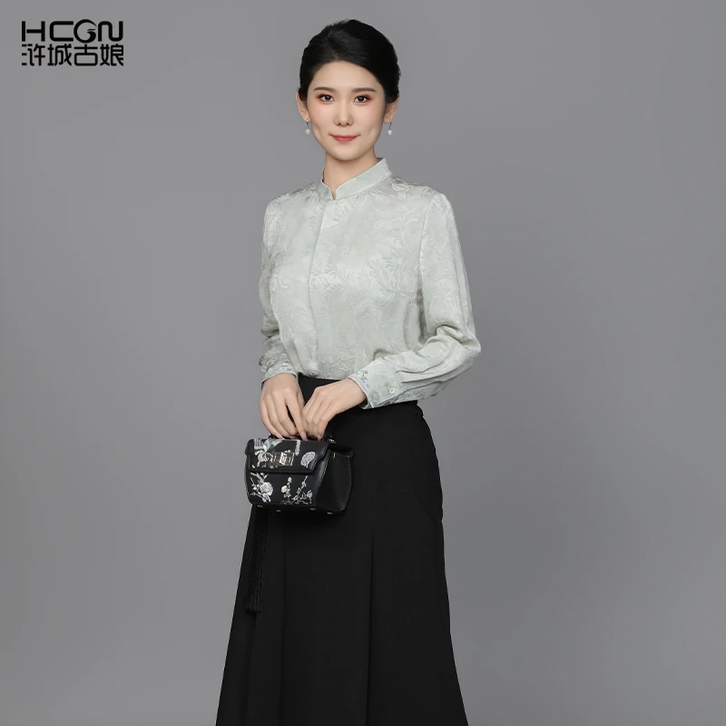 春夏中国风印花百搭气质舒适宽松显瘦女和晴立领中式衬衫ACL18985