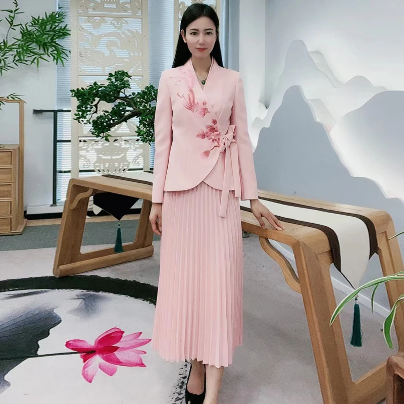 浒城古娘中式刺绣V领凤牡丹减龄芊寻西服套装-22C18381+22C19318