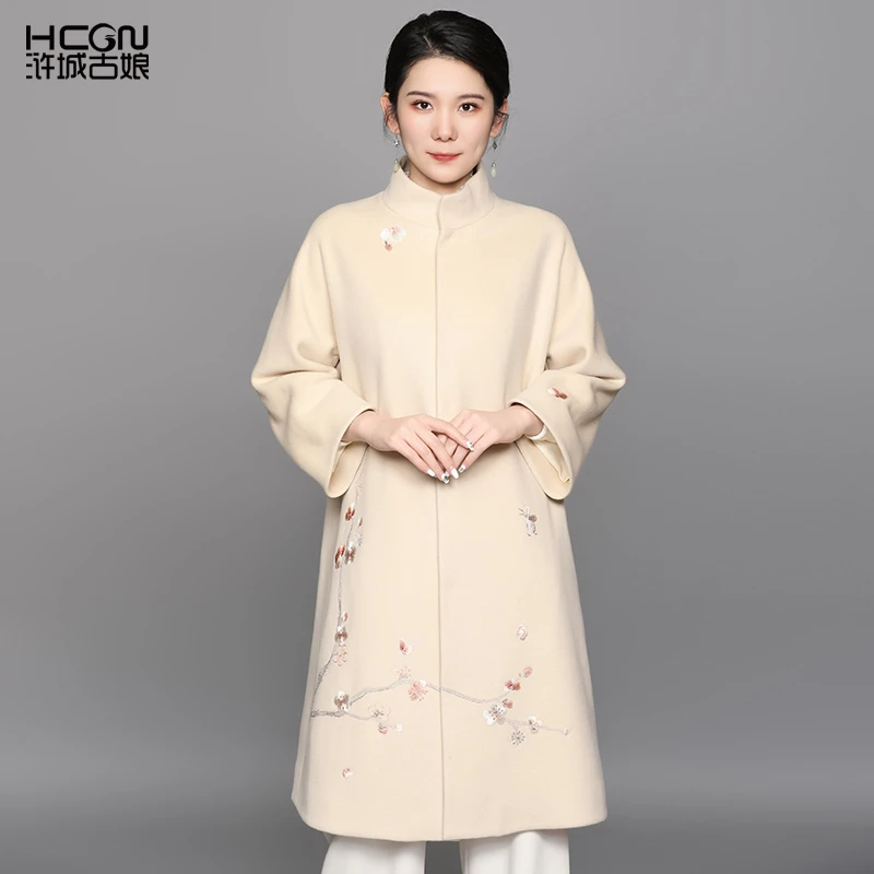 浒城古娘100绵羊毛中式刺绣中长款保暖女杏花堂羊毛大衣DMT11370