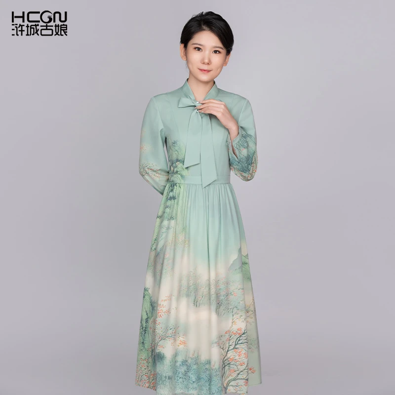 薄荷曼波新中式系带精致优雅修身显瘦大摆秋声赋连衣裙CMT17790