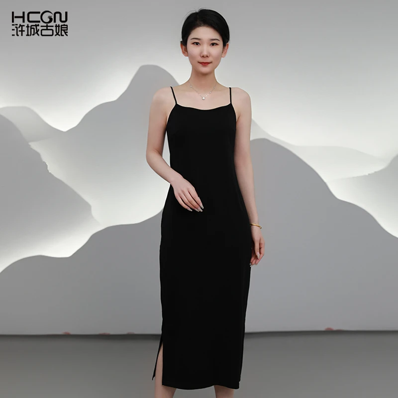 浒城古娘夏天黑色长款度假吊带裙背心内搭打底高级感长裙-WTDD001