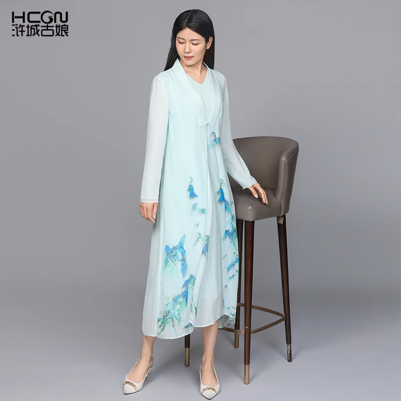 新中式春夏欧若风真丝舒适连衣裙青绿山水套装CMT17777+CMT11309