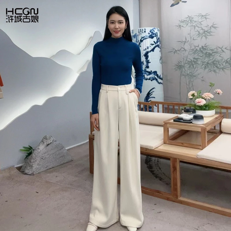 【醋酸羊毛】百搭舒适长裤高腰复古宽松显瘦中式保暖长裤WK1205239