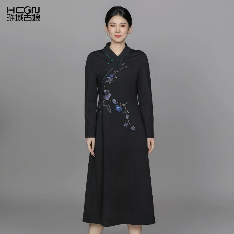 浒城古娘罗马棉精致刺绣百搭优雅女中长款雅信罗马连衣裙ACL17926