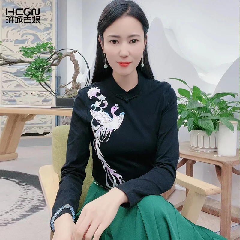 棉质百搭舒适立领刺绣内搭盘扣中式上衣瑞羽长袖女士T恤-22C18601
