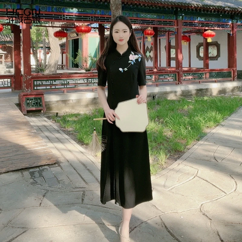 夏季新款中式改良蓝白青花简洁素雅修身女A字欣然连衣裙-BMT17637