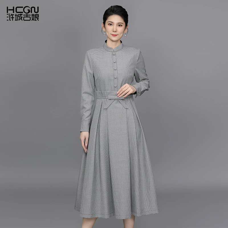 【绵羊毛】中国风精致优雅女时尚气质减龄春蕾千鸟格连衣裙ACL17856