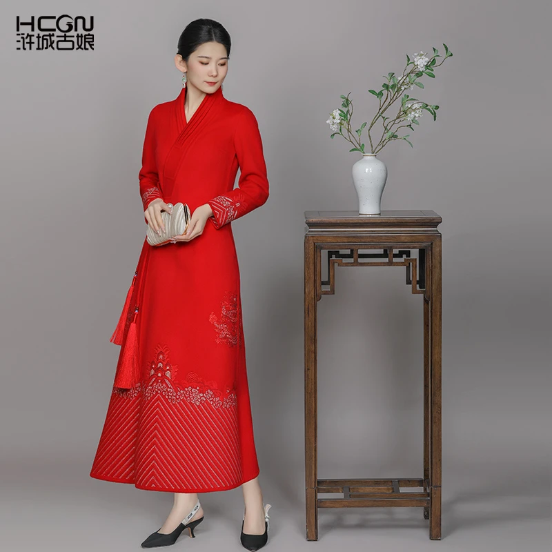 中式羊毛云海刺绣保暖气质手工羊毛织语长心双面呢大衣-204918