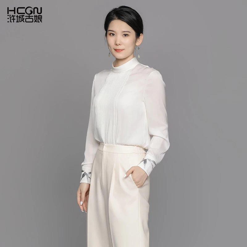 浒城古娘桑蚕丝精致竹叶刺绣国风女气质简约时尚萧竹衬衫CMT18903